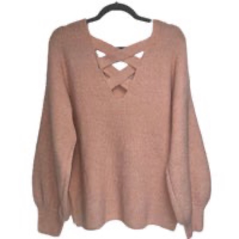 Feminine v neck lattice back cozy sweater.